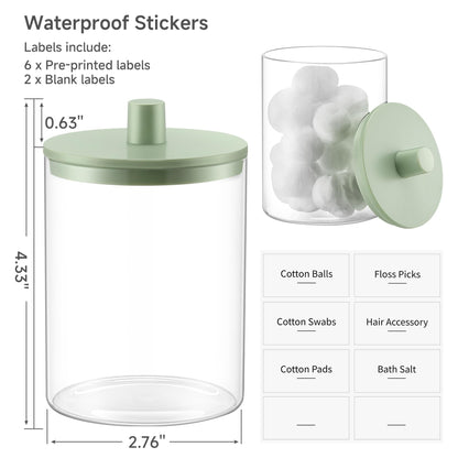 3 Pack Glass Qtip Holder Dispenser- 10 oz Clear Canister Apothecary Jar, Bathroom Vanity Storage Organizer Set for Cotton Swabs, Pads, Floss Picks, Small Containers for Makeup Storage (Green)