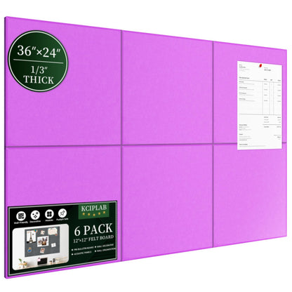 Large Cork Bulletin Board for Wall 36"x24", 6 Pack Felt Wall Tiles with 50 Pushpins, 30 Safe Removable Adhesive Tabs, Decorative Pin Board Tack Board for Office Home School, Purple