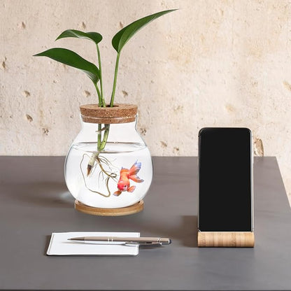 Desktop Hydroponic Fish Bowl Glass Terrarium for Betta Fish with Bamboo Base Small Aquarium for Home Office Decoration