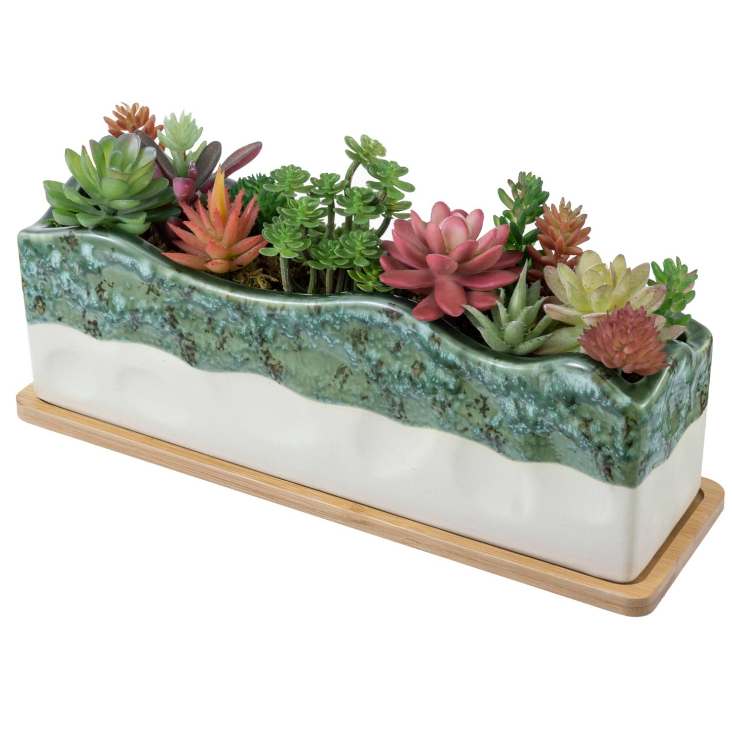 MyGift 13 Inch Large Rectangular Succulent Planter, Decorative Seafoam Green Glazed Beige Ceramic Indoor Plant Container Pot with Removable Bamboo Tray