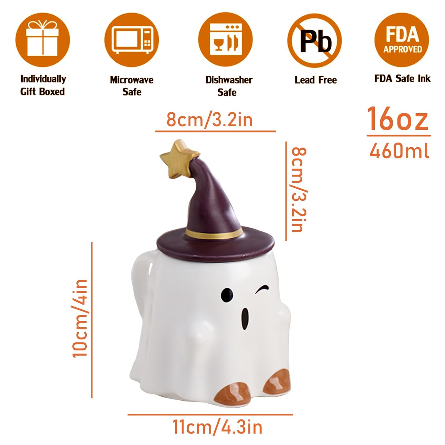 J.Ehonace Spooky Ghost Ceramic Coffee Mug 16oz – Adorable Halloween Design with Witch Hat & Stars – Microwave/Dishwasher Safe – Festive Home Decor & Holiday Coffee Cup