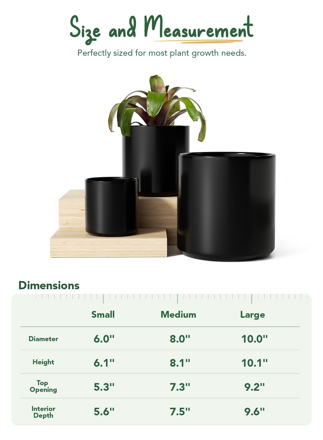 LE TAUCI Ceramic Pots for Plants, 10/8/6 Inch Indoor Planters with Draiange Hole, Silicone Plug & Mesh Pad, Modern Minimalist Pots for Home Office, Set of 3, Satin, Black