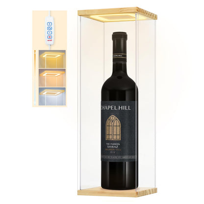 DIWNELEM Wood Acrylic Wine Bottle Display Case with LED Light Acrylic Wine Glass Holder Wine Display Case Dustproof for Red Wine,Champagne,Liquor,Whiskey,Beer,Beverage Bottle (5.1*5.1*14.2")