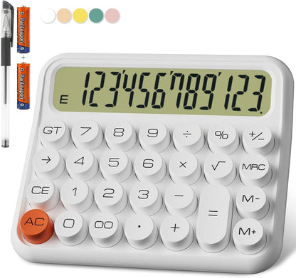 Mechanical Calculator 12 Digit Extra Large 5-Inch LCD Display, DECKLIT Battery Desk Calculator, Big Buttons Easy to Press Use as Office Calculators Desktop, 15°Tilt Screen for Kids Calculator(White)