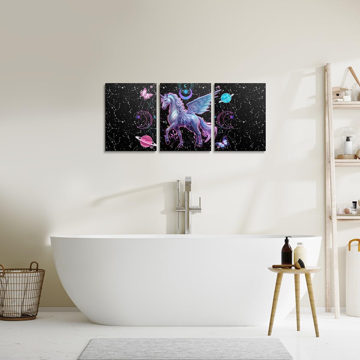 Feelyou Galaxy Unicorn 3 Piece Canvas Wall Art for Living Room Bedroom Solar System Wall Art for Home Decor Moon Star Office Wall Decor Space Outer Sky Wall Painting
