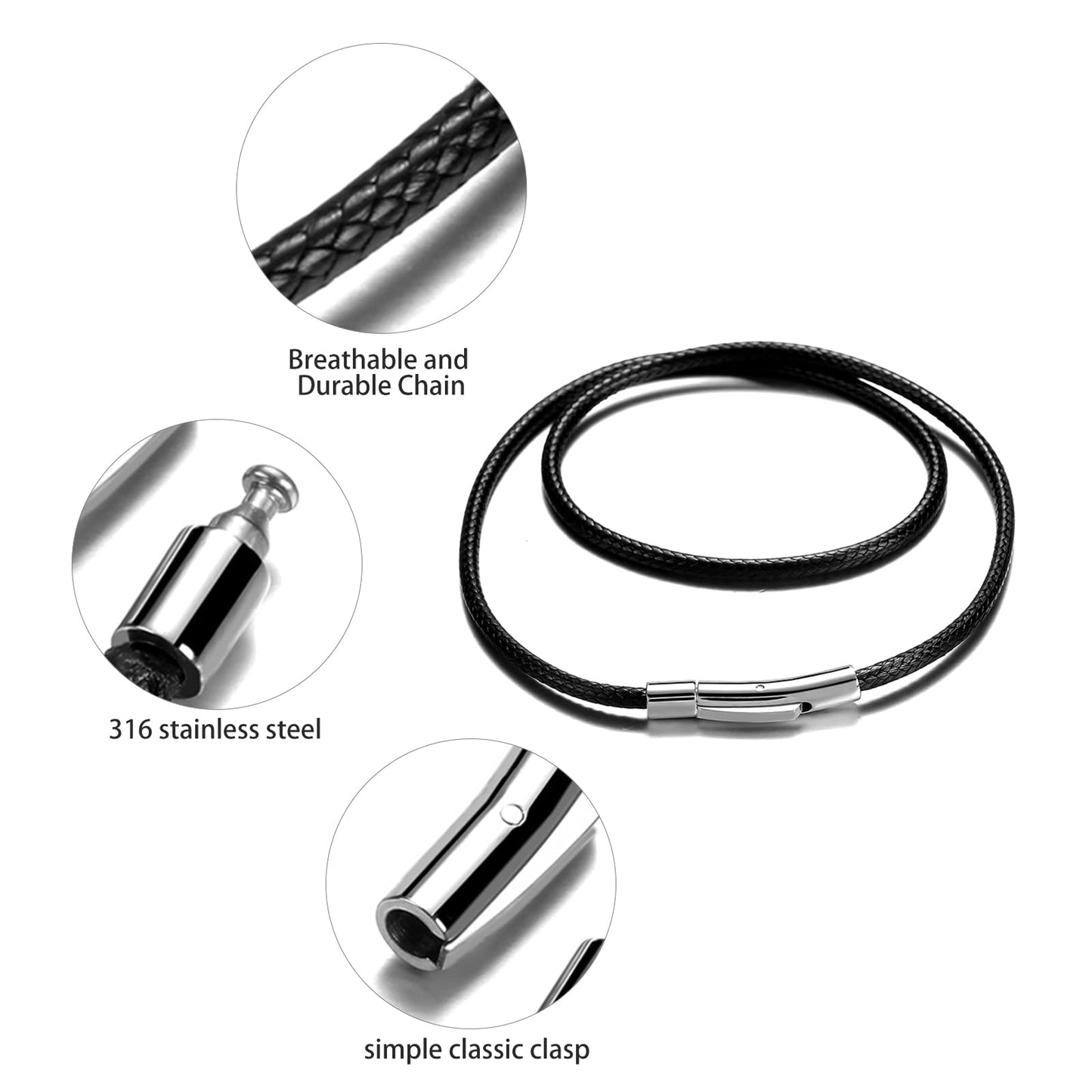 SKQIR 3mm Black Waterproof Braided Leather Cord Necklace with Durable Stainless Steel Snap Clasp Men Women Woven Wax String Rope Chain for DIY Pendant Length 24"