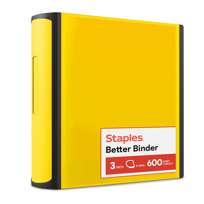 Staples Heavy-Duty 3-Inch D-Ring Binder, Yellow – Large Capacity 3-Ring Binder, Holds Up to 600 Sheets for School & Office