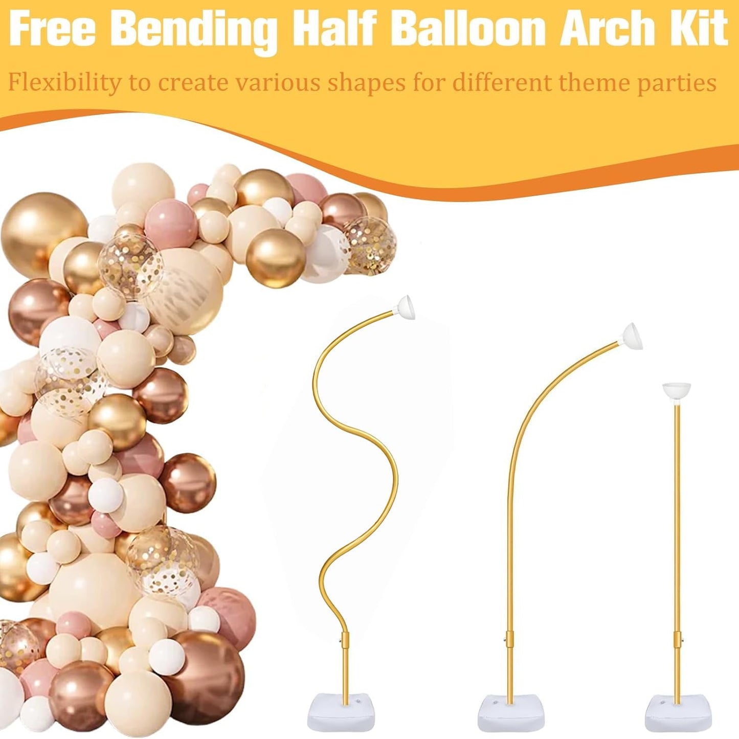Bazen Upgraded 8.2ft & 5ft Balloon Arch Kit Glod Free Bending Shape Deformation Balloon Column Stand Half Arch Balloon Stand with Base Balloon Arch Frame for Wedding Baby Shower Birthday Decoration