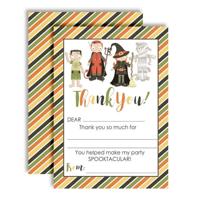 Halloween Costume Party Thank You Notes for Kids, Ten 4" x 5.5" Fill In The Blank Cards with 10 White Envelopes by AmandaCreation