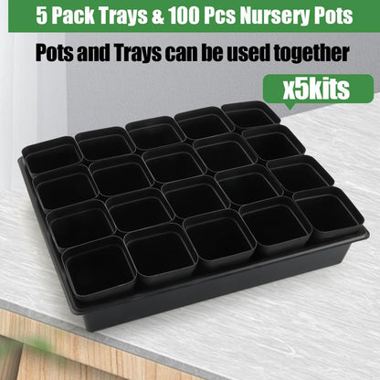 RooTrimmer 3.15 inch (8CM) Square Nursery Pots 100 pcs, Sturdy Seedlings Trays 5 Pcs, Seeds Starter Germination Tray, Microgreening Planter Nursery Propagation 5 Sets