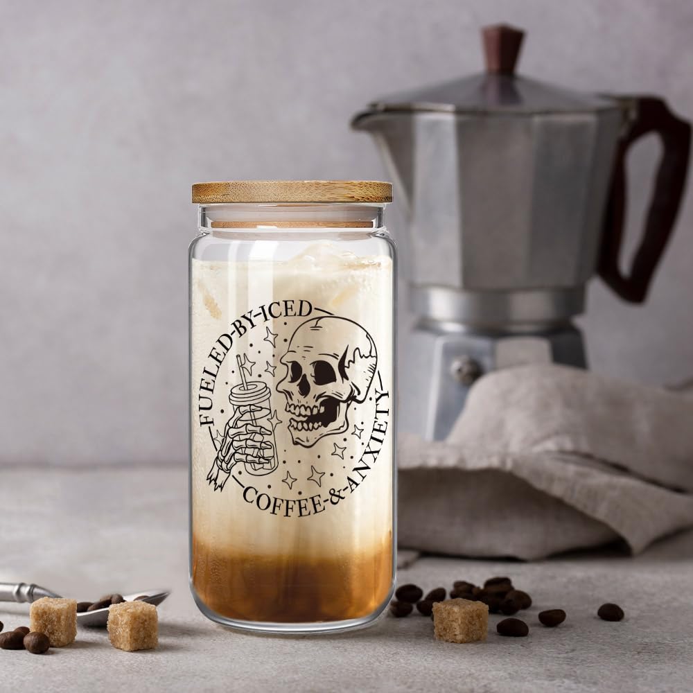 Enanaimg Fueled by Iced Coffee and Anxiety Skull 16 oz Coffee Mug with Lids and Straws, Skeleton Cup, Skull Gifts for Women, Funny Witchy Skeleton Gifts for Women, Friend, Sister, Mom