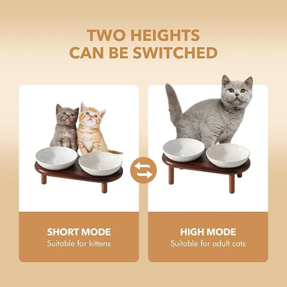 Havniva Elevated Cat Bowls Raised Ceramic Cat Bowl, 5.7” Wide Opening Cat Food Bowl Whisker Friendly Cat Dish Anti-Slip with Wood Stand, Shallow Pet Food & Water Bowl for Indoor Cats
