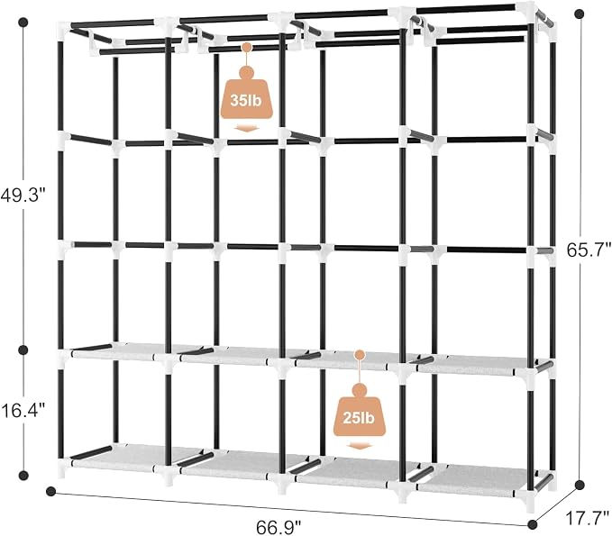 Portable Closet for Hanging Clothes, 67 Inch Wide Portable Wardrobe Closet with Cover, 4 Hanging Rod, Storage Shelves and Side Pockets, Large Free Standing Closet for Bedroom, White