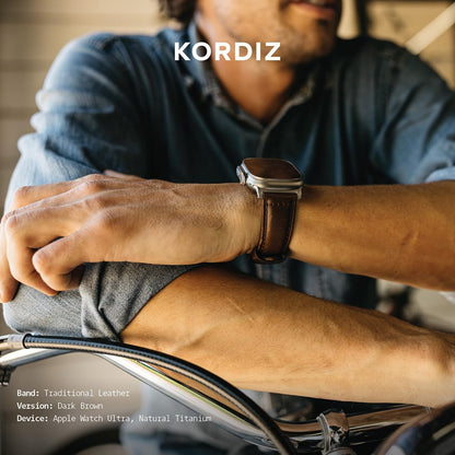 KORDIZ Traditional Leather Band for Apple Watch Series 11, 10, 9, 8, 7, 6 & SE3, SE2, SE [46mm/45mm/44mm] – Full-Grain Genuine Leather Replacement Strap for Men & Women – Classic Wristband Compatible with iWatch (Dark Brown)