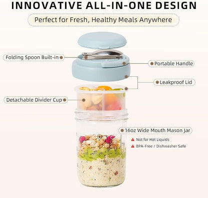 UWILLION Overnight Oats Containers with Handles, 16 oz Glass Mason Jars with Lids, Folding Spoons & Topping Compartments, Yogurt Parfait Cups for Meal Prep, Chia Pudding, Breakfast to Go, 4 Pack