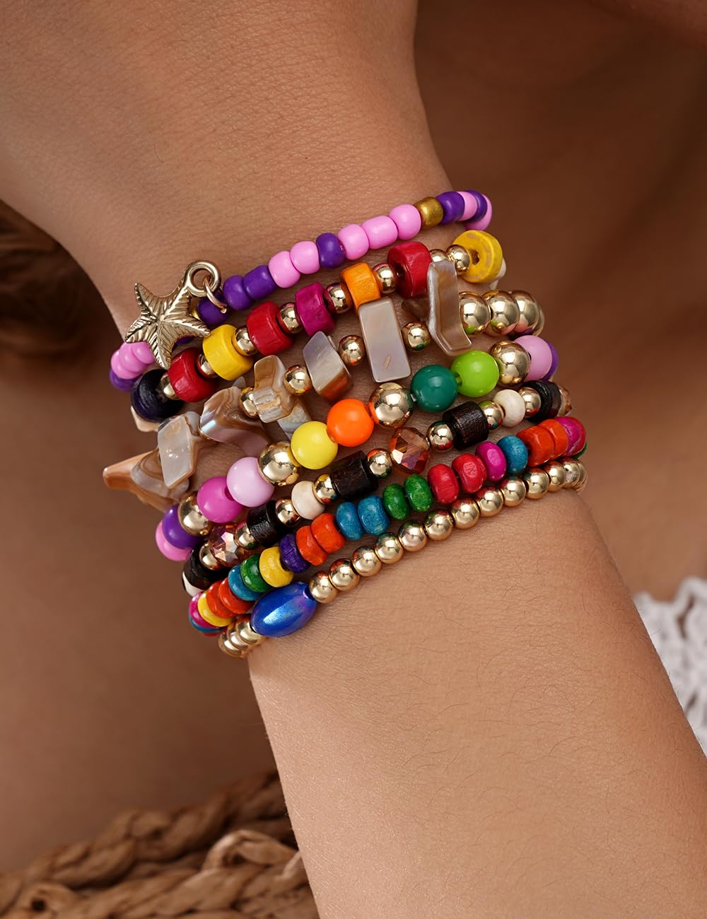 iF YOU 12 Pcs Boho Beaded Bracelets for Women, Brown Orange Bohemian Stackable Gold Bead Stretch Bracelets Stack Jewelry Gift (Colorful beaded bracelets)
