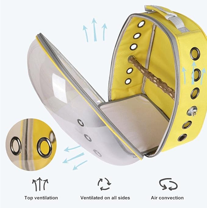 Bird Carrier Backpack with Perch, Ventilate Transparent Space Capsule Parrot Travel Cage for Small Birds Parrots Green Cheek Conures Budgie Lovebirds Finches(Yellow)