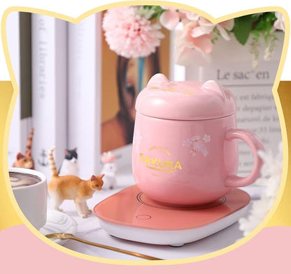 Honeydak Coffee Mug Warmer Cute Cat Mug Set Cup Warmer Christmas Gifts for Women Heated Coffee Warmers for Mom Home Office Desk Valentine's Day Anniversary Birthday Gifts(Sakura,Pink)