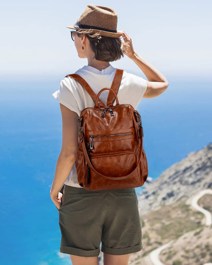 UTO Women Backpack Purse Oil Wax PU Leather Ladies Fashion Designer Rucksack Convertible Travel Shoulder Bag with Tassel Brown