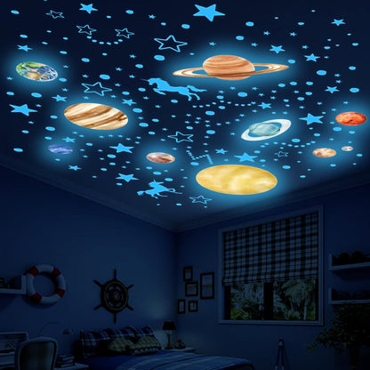Glow in The Dark Stars and Planets Wall Decals Bright Solar System Wall StickersSpace Stickers for Kids Room Decor (Blue) Birthday Christmas Gift for Boys and Girls
