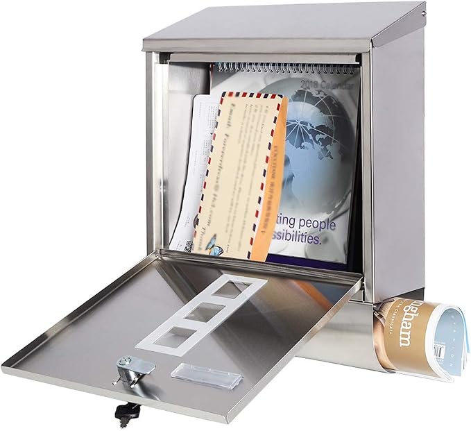 Jssmst Locking Wall Mount Mailbox, Stainless Steel Mailboxes with Secure Key Lock and Newspaper Compartment, HPB2203 Silver