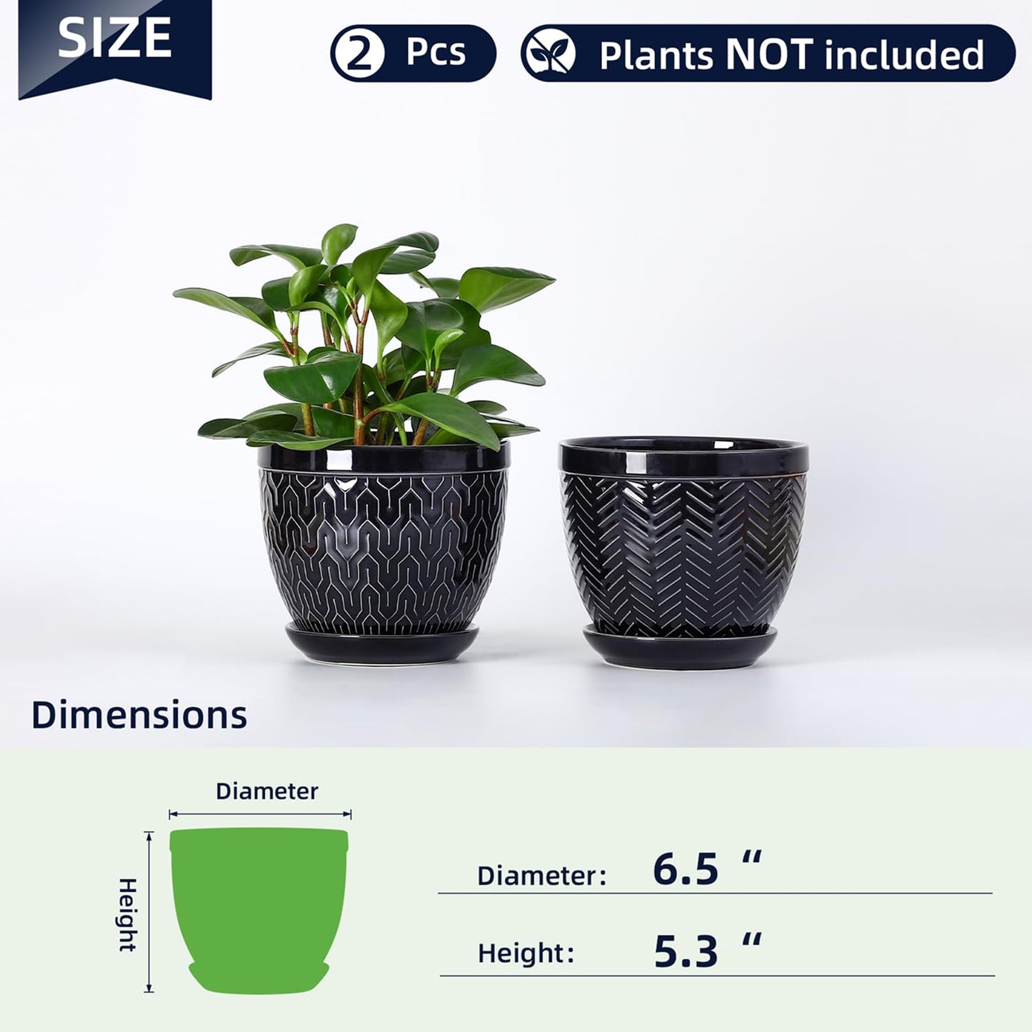 Sureasy 6.5 Inch Ceramic Plant Pots, Embossed Decorative Planters with Drainage Hole and Saucer, Modern Flower Pots for Indoor Plants, Set of 2, Black