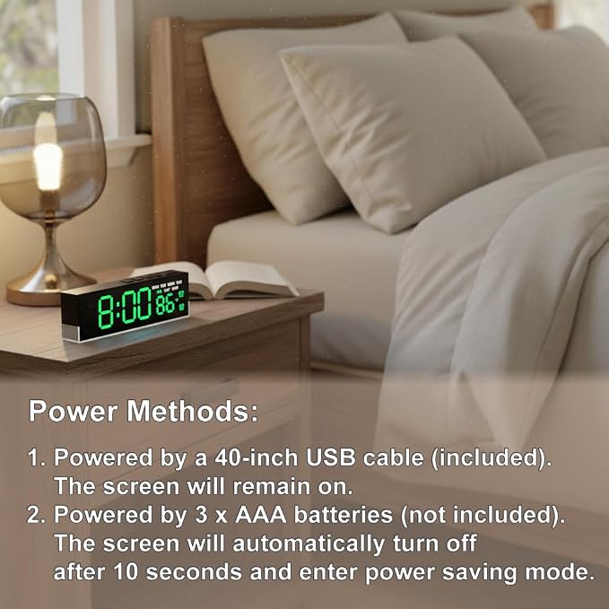 JENLYSTIME 7 Inch LED Digital Alarm Clock with Dual Alarms & Bottom Glow｜Displays Time, Date, Day, Temperature ｜3-Level Auto/Manual Brightness, DST, USB or Battery Powered Modern Desk Clock (Green)