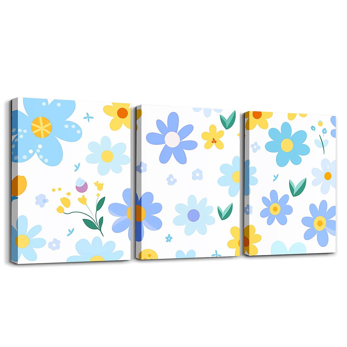 Feelyou Cute Flower 3 Piece Canvas Wall Art for Living Room Bedroom Cartoon Cute Floral Office Decor Artwork Blue Yellow Wall Art for Home Decor Kawaii Picture Posters