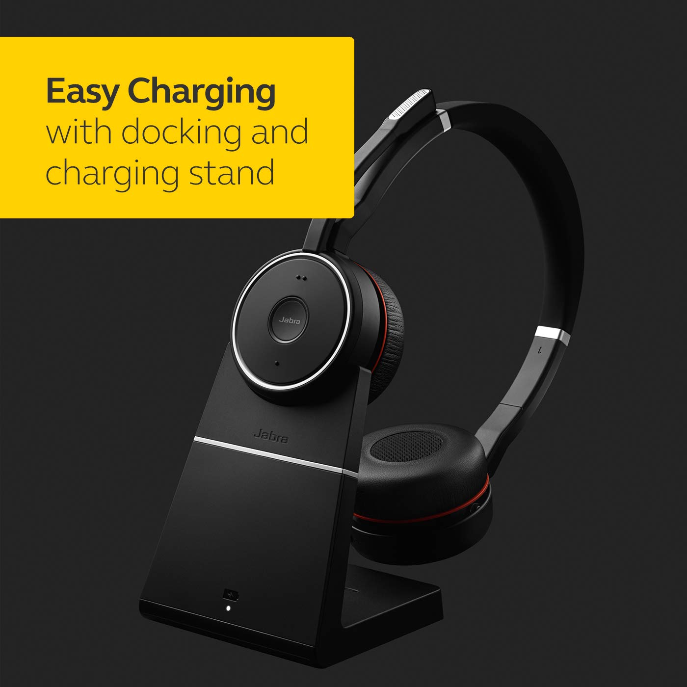 Jabra Evolve 75 UC Wireless Headset, Stereo – Includes Link 370 USB Adapter and Charging Stand – Bluetooth Headset with World-Class Speakers, Active Noise-Cancelling Microphone, All Day Battery