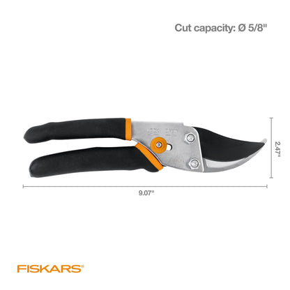 Fiskars Bypass Pruning Shears, 5/8" Cut Capacity Gardening Scissors, Self-Cleaning Sap Groove Prevents Sticking, Non-Slip Grip for Cutting Stems & Branches, Sharp Steel Blades w/ Low-Friction Coating