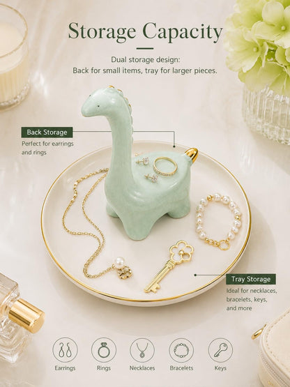 bwszrosa Ring Holder Dinosaur Jewelry Dish, Ceramic Dino Trinket Tray for Rings Earrings Necklace Bracelet, Animal Organizer for Vanity Nightstand Bathroom