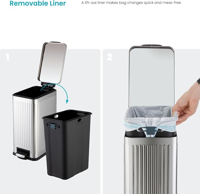 Home Zone Living 4 Gallon Kitchen Trash Can with Slim Fit Design | Stainless Steel with Soft-Close Step Pedal Lid, Bag Tuck Band for Easier Bag Changes, Rectangular Shape, Reeded Style, Silver