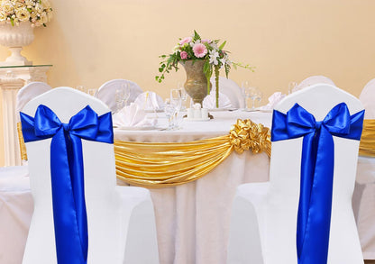 ZSJFMF Pack of 50 Satin Royal Blue Chair Sashes Bows 7 X 108 Inch Universal Gold Chair Ribbons for Wedding Ceremony Party Banquet Event Chair Decorations - Royal Blue Chair Sashes 50 Pack
