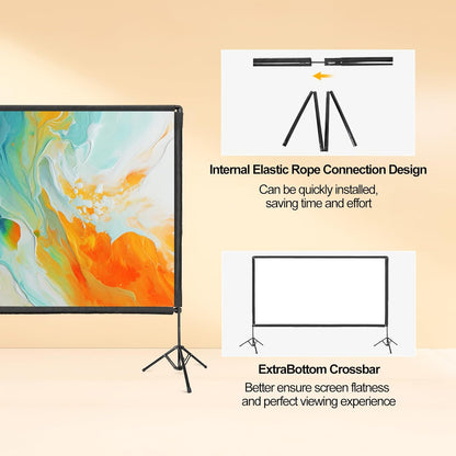 Outdoor Projector Screen with Stand, 120 inch Portable Projector Screen Stand with Elastic Rope Bar, Indoor 16:9 4K HD Wrinkle-Free Front Rear Projection Screen with Carry Bag for Movie Night Camping