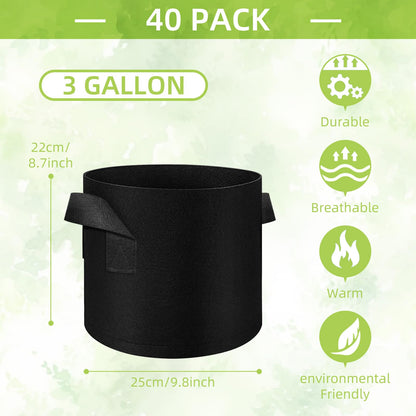 Cskunxia 40-Pack 3 Gallons Grow Bags, Non-Woven Fabric Pots Plant Bags, Plant Grow Bags with Handles, Garden Plant Bags for Potatoes, Carrots, Tomatoes and Other Vegetable,Fruits