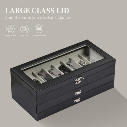 AUTOARK 3-Tier PU Leather & Velvet Knife Organizer with 26 Slots,Transparent Glass Top & Drawer,Compact Storage for Pocket Knives,Ideal for Men's Collections & Gifts,Black,MKAW016