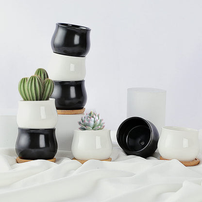 SHECIPIN 12 Pack Succulent Plant Pot, Mini 2.6 inch Ceramic Flower Planter Pot with Bamboo Tray, Small Pots for Plants, Plants Not Included （White, Black）