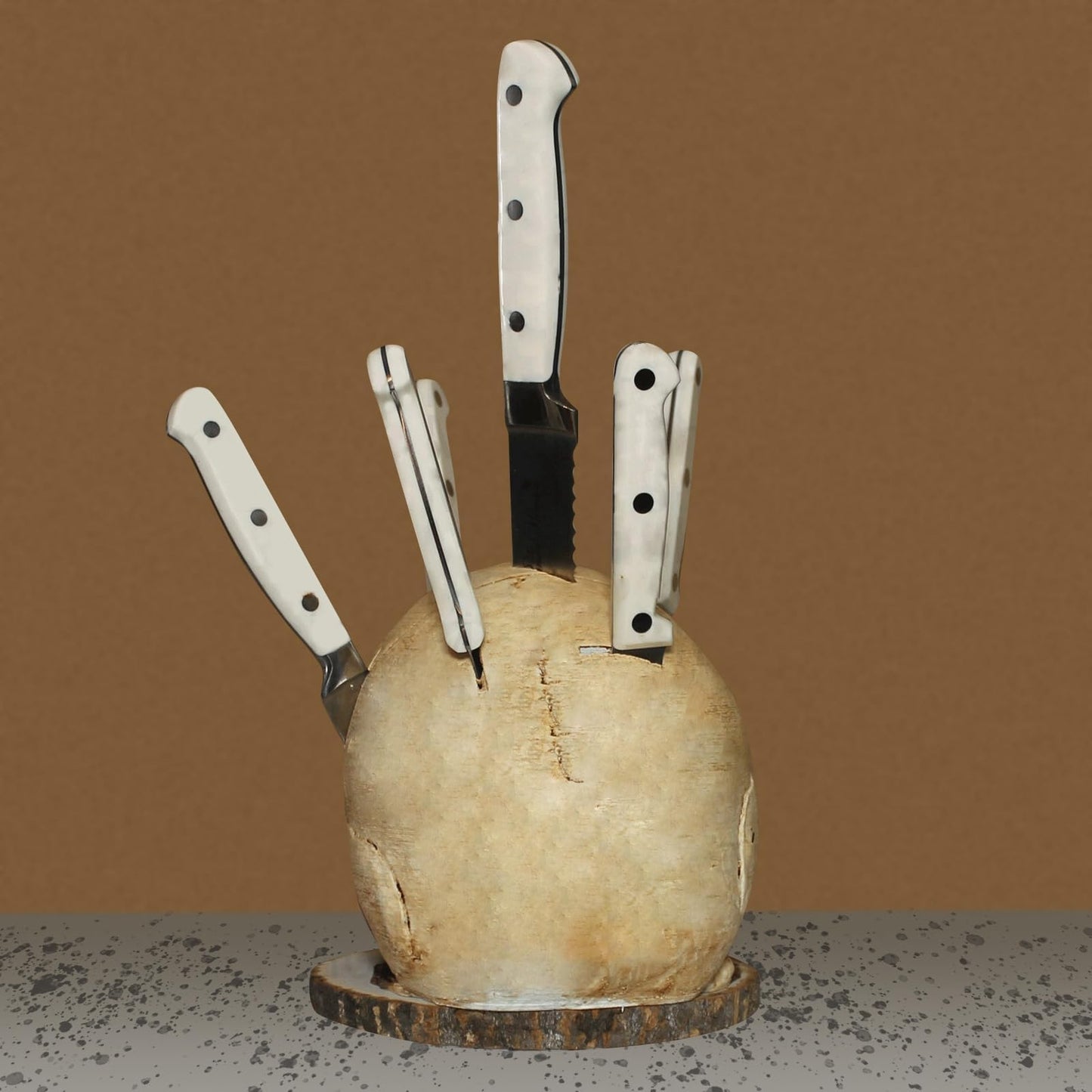 Skull Knife Holder for Kitchen: A Skeleton Knife Stand Doubling as Horror - Themed Kitchen Storage Head Rack. Ideal for Scary Party Decor, 15CM/5.9IN, Beige