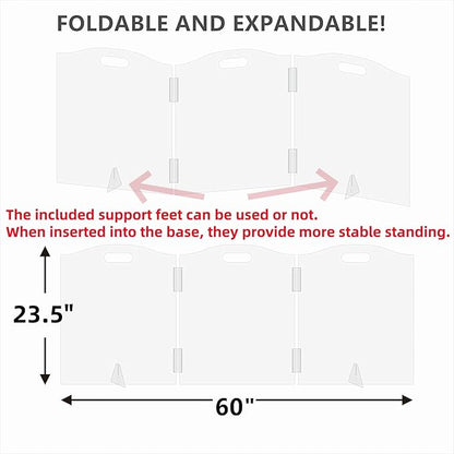 Clear Freestanding Dog Gate - 3 Panel Foldable Pet Gate for Doorways No Drilling Needed, Transparent Puppy Fence with Support Feet, Indoor Dog Barrier for Home Safety (60" W x 23.5" H)