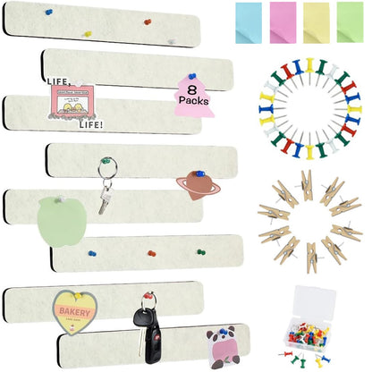 Vuzvuv 8 pcs Bulletin Board Bar Strips with 50 Pushpins & 10 Wooden Clip pins，Self Adhesive Cork Board for Wall，Felt Pin Board for School，Office Decor(Cream White)