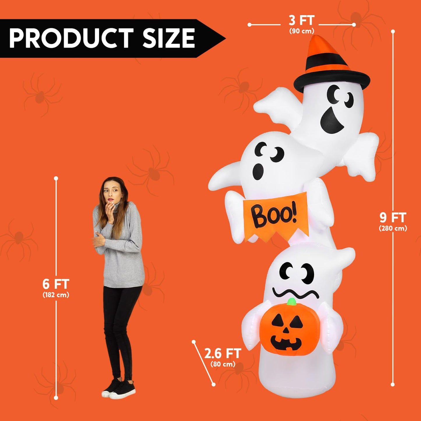 JOYIN 9ft Tall Halloween Inflatable Ghost Outdoor Decorations, Giant Overlap Ghost Inflatable Decor with LEDs, Blow Up Yard Decorations for Halloween Party Garden Lawn Yard Decor