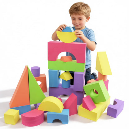 Bingyouth Large Building Foam Blocks for Toddlers, EVA Stacking Foam Building Blocks Toy Set, Non-Toxic, Washable, Early Learning Construction Toys & Gifts for Kids Boys & Girls (Blue, Pieces, 30)