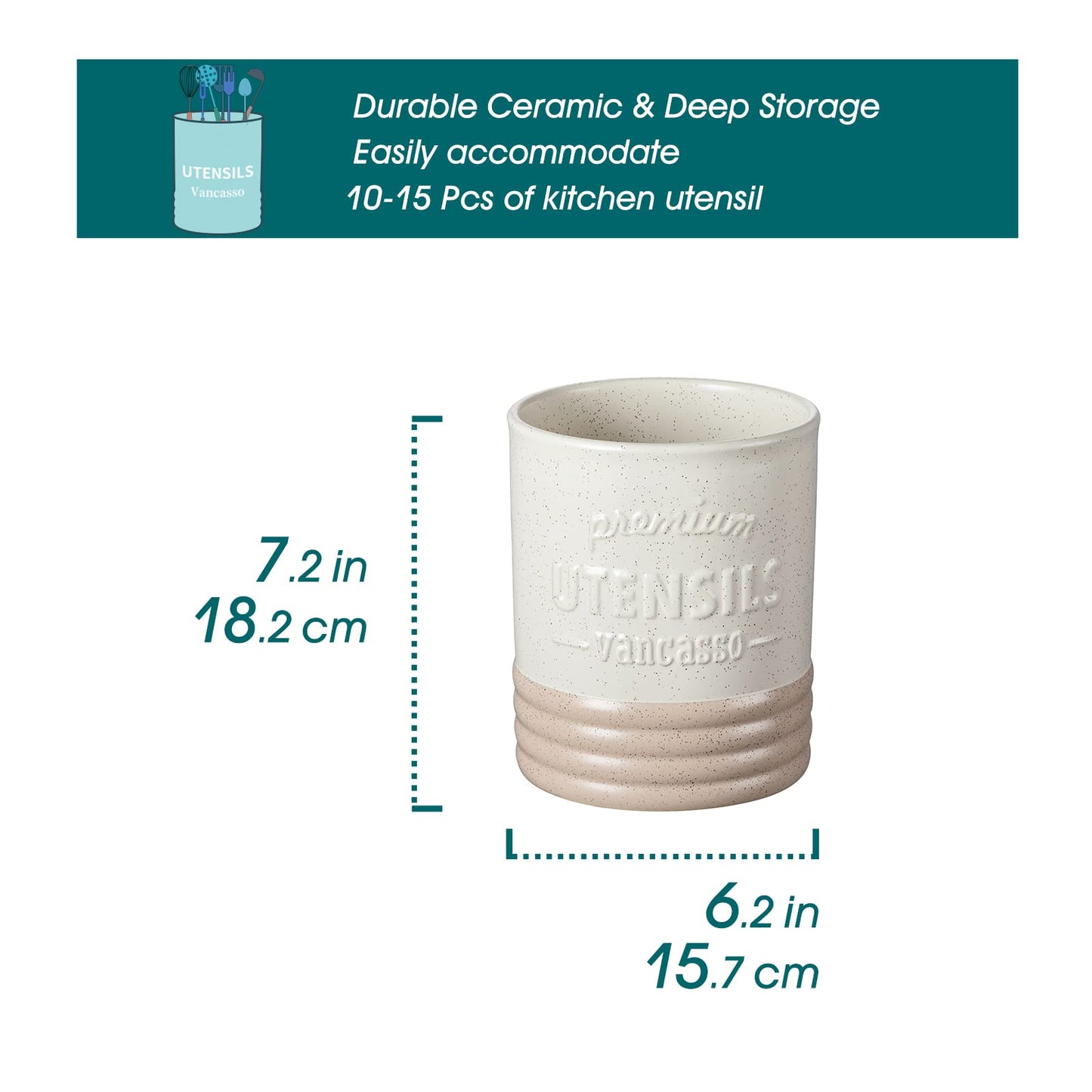 vancasso Sabine Ceramic Utensil Holder for Kitchen Counter, 7.2" Large Utensil Crock, Matte Cream Farmhouse Kitchen Utensil Holder, Countertop Organizer for Spoons, Spatulas and Cooking Tools