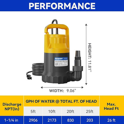 Acquaer 1/2HP Sump Pump, 2906GPH Submersible Water Pump for Water Removal in Hot Tubs, Pools, Basements, and Garden Ponds