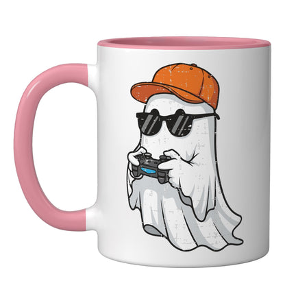 Halloween Gaming Ghost Gamer Costume Men Boys Kids Youth Ceramic Mug, Pink/White