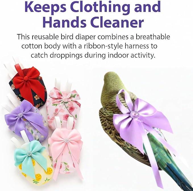 6pcs Bow Bird Diaper Set, Soft Reusable Flight Suit Clothing for Parrots Budgies Cockatiels — Cleaner Indoor Bonding & Training(S)(L)