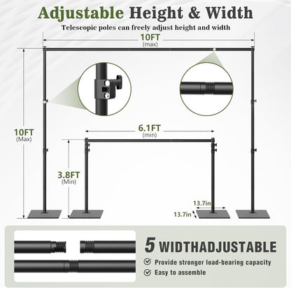 Backdrop Stand 10x10 ft Adjustable Photo Backdrop Stand Kit, Heavy Duty Pipe and Drape Photography Background Support with Flat Metal Base for Wedding, Party, Video Studio, Birthday, Black