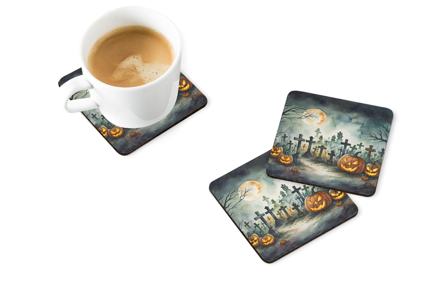 Caroline's Treasures Graveyard Spooky Halloween Foam Coaster Set of 4 Cup Coasters for Indoor and Outdoor, Coaster for Tabletop Protection, Anti Slip, Mouse pad Material