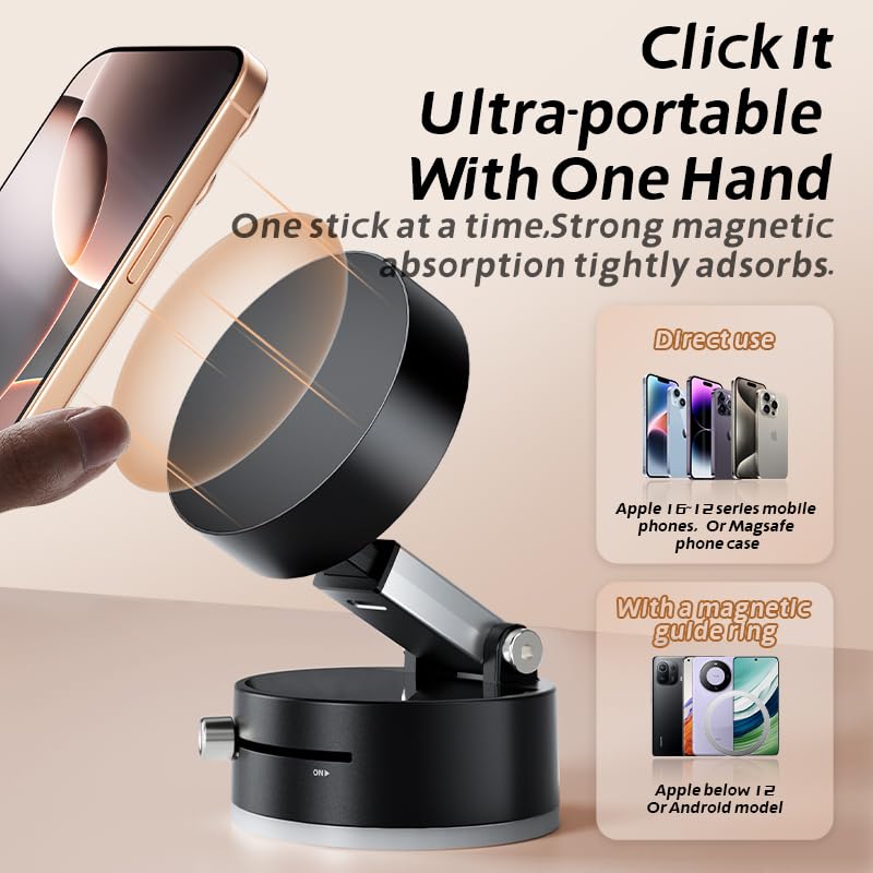 Magnetic Phone Car Holder, Suction Cup Holder, Manual Vacuum Suction Cup Fixation Strong Magnetic Attraction Stretchable Mobile Phone Holder 360 Degree Adjustment Tablet Stand Car Gym