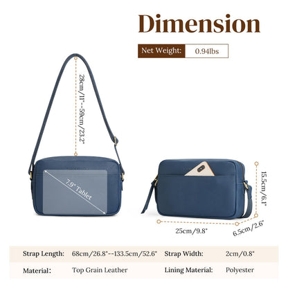 S-ZONE Crossbody Bags for Women Top Grain Leather Shoulder Handbags Camera Bag Purse Adjustable Strap Travel Daily Dark Blue